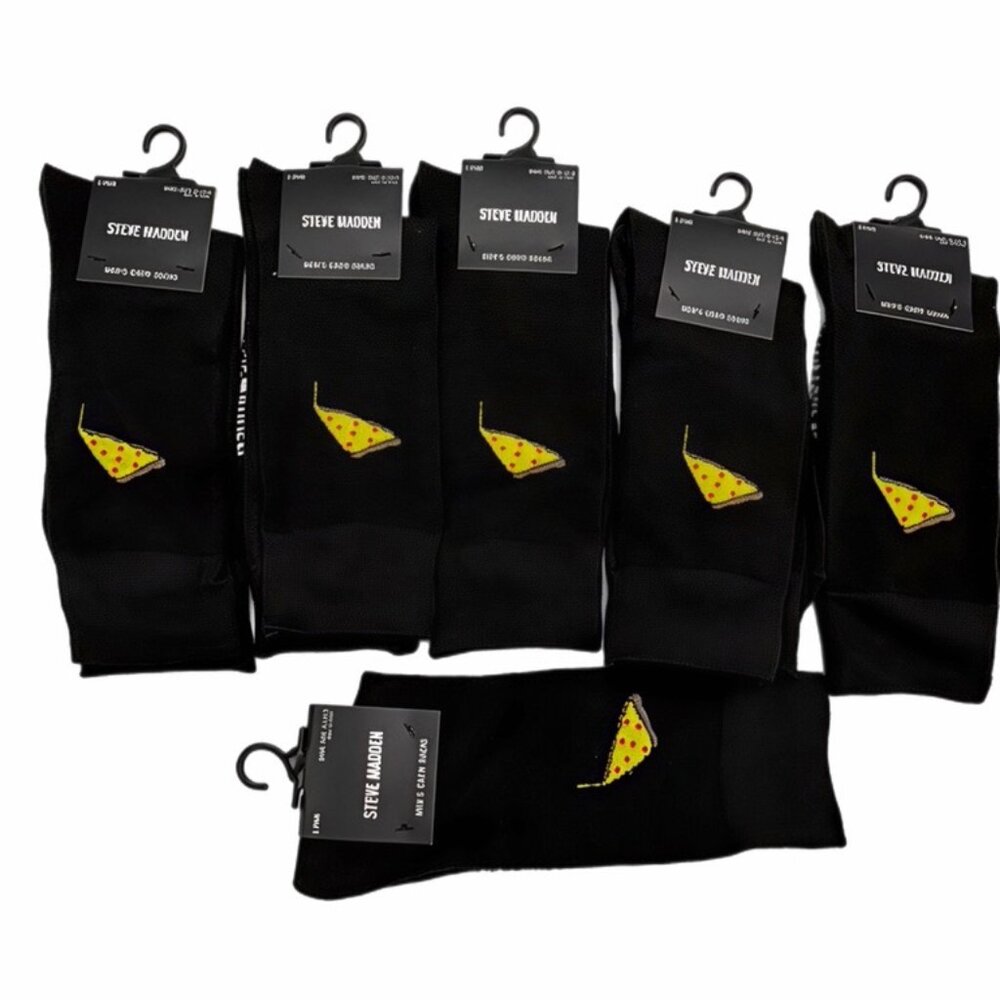 Steve Madden Men Crew Socks Cushioned Black PIZZA 6 Pairs Shoe 6-12 Retail $54